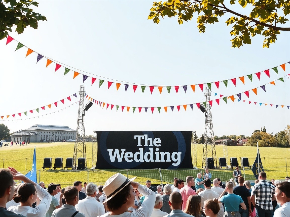 Festive Outdoor Wedding Celebration with Colorful Bunting
