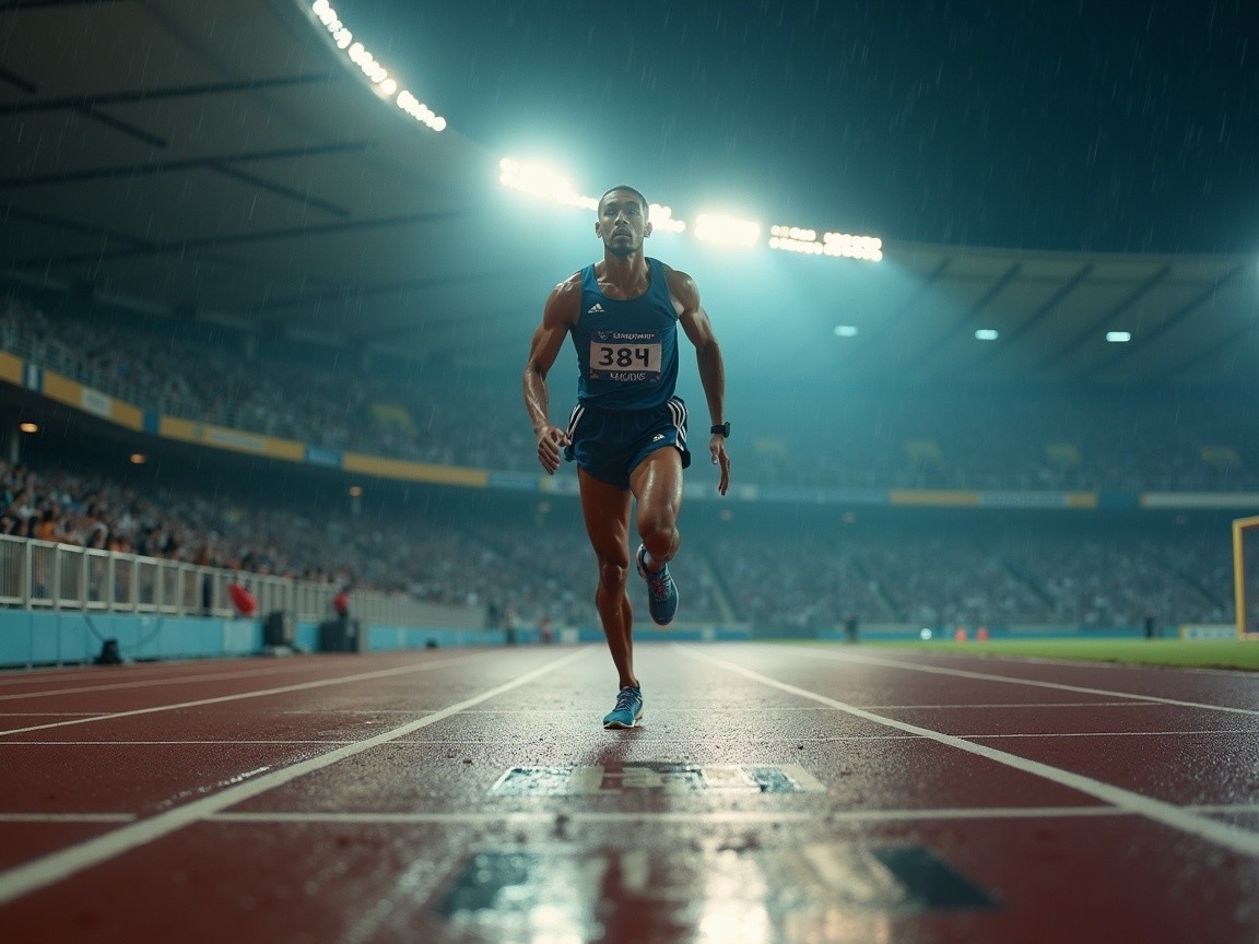 Athlete Competing on Rain-Soaked Stadium Track