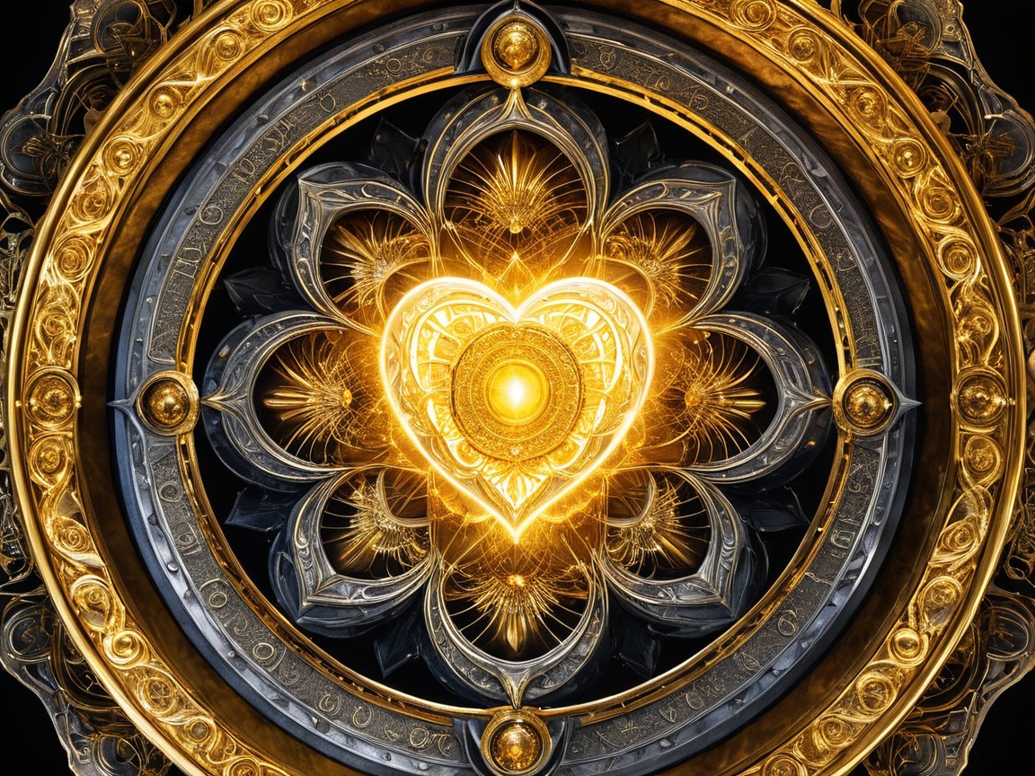 Ornate Design with Glowing Golden Heart Centerpiece