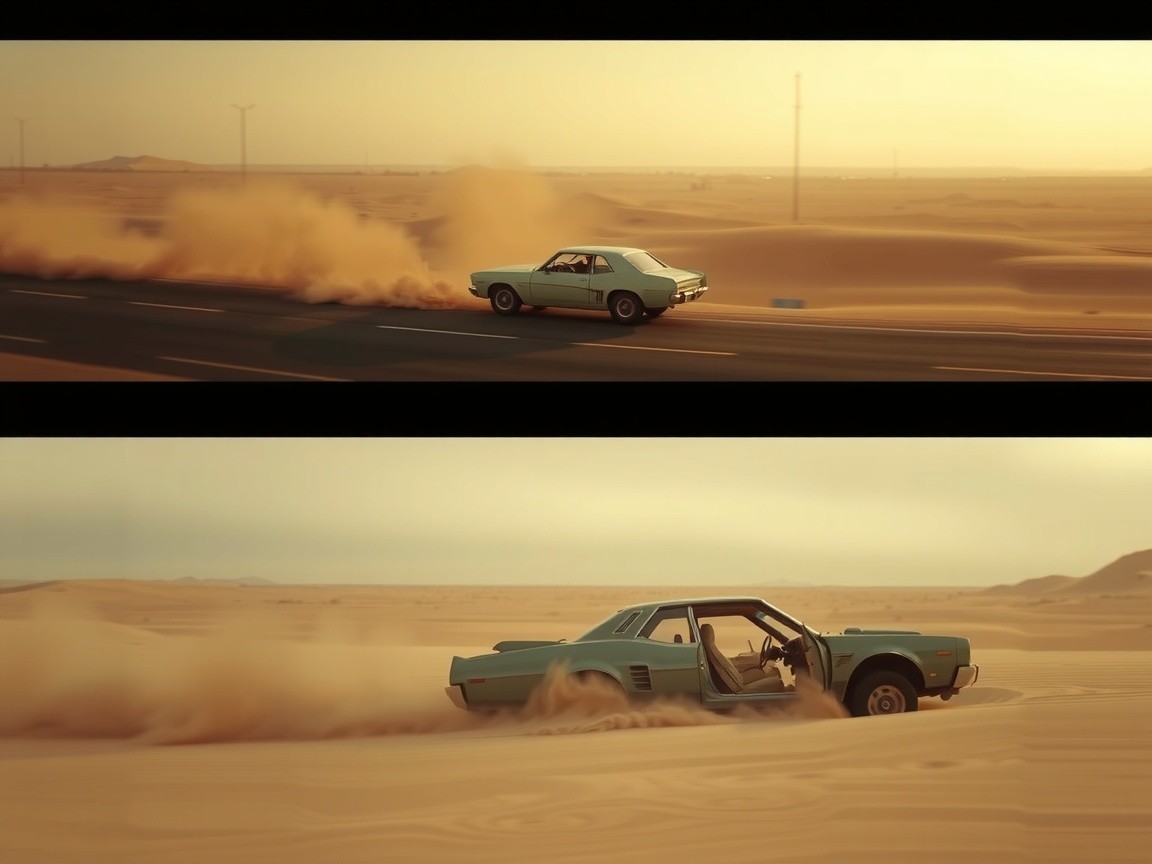Classic Mint Green Car on Desert Highway at Sunset