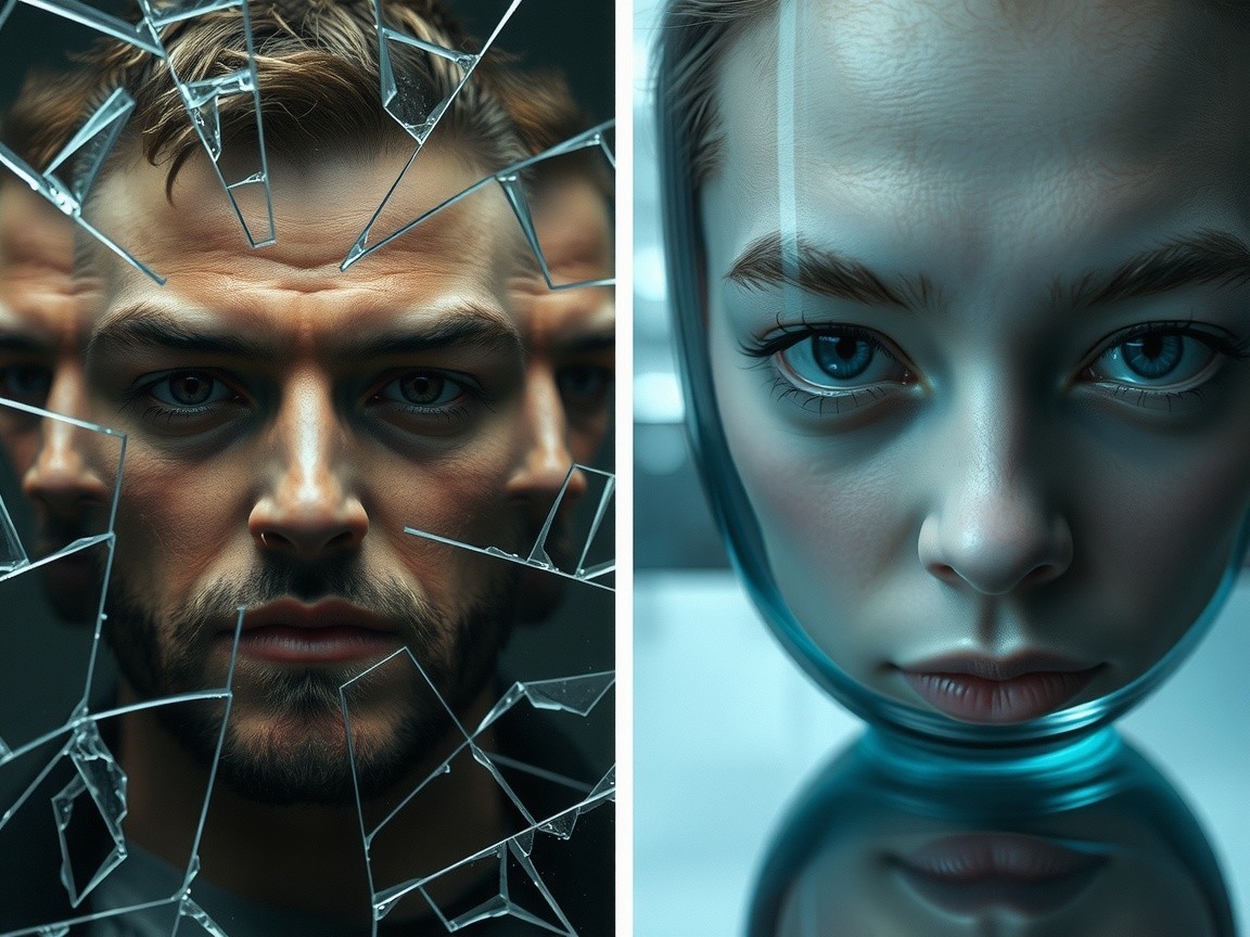 Contrasting Faces Reflected in Broken Glass Shards