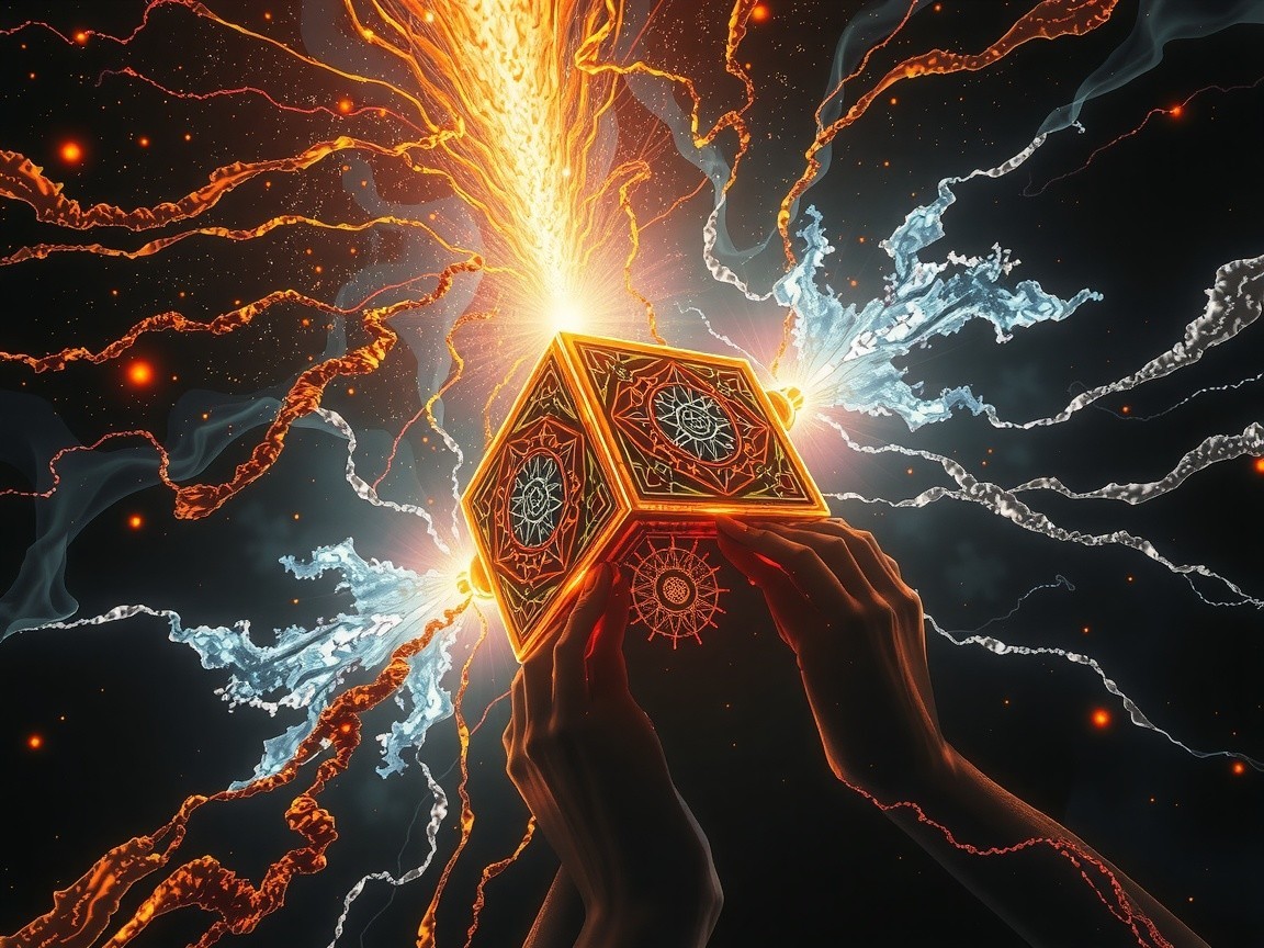 Glowing Cube Surrounded by Vibrant Light Streams
