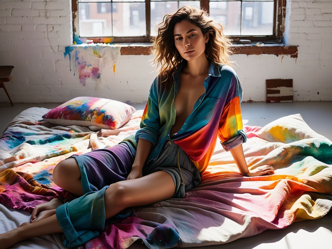 Stylish Individual on Colorful Paint-Splattered Bedspread