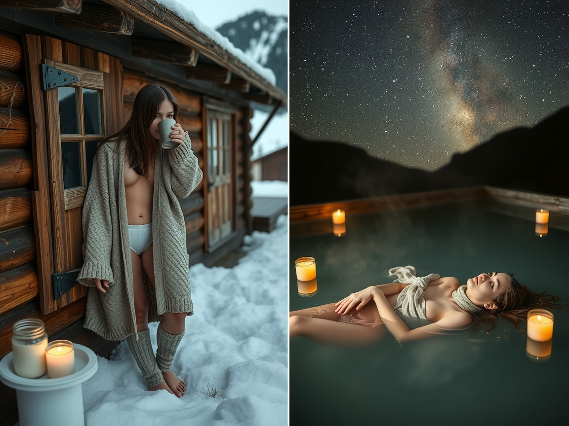 Winter Scene with Woman in Cardigan by Chalet