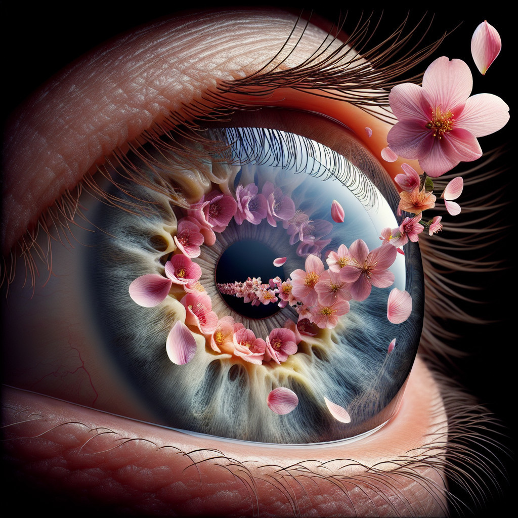Close-up of an eye with cherry blossom spiral design