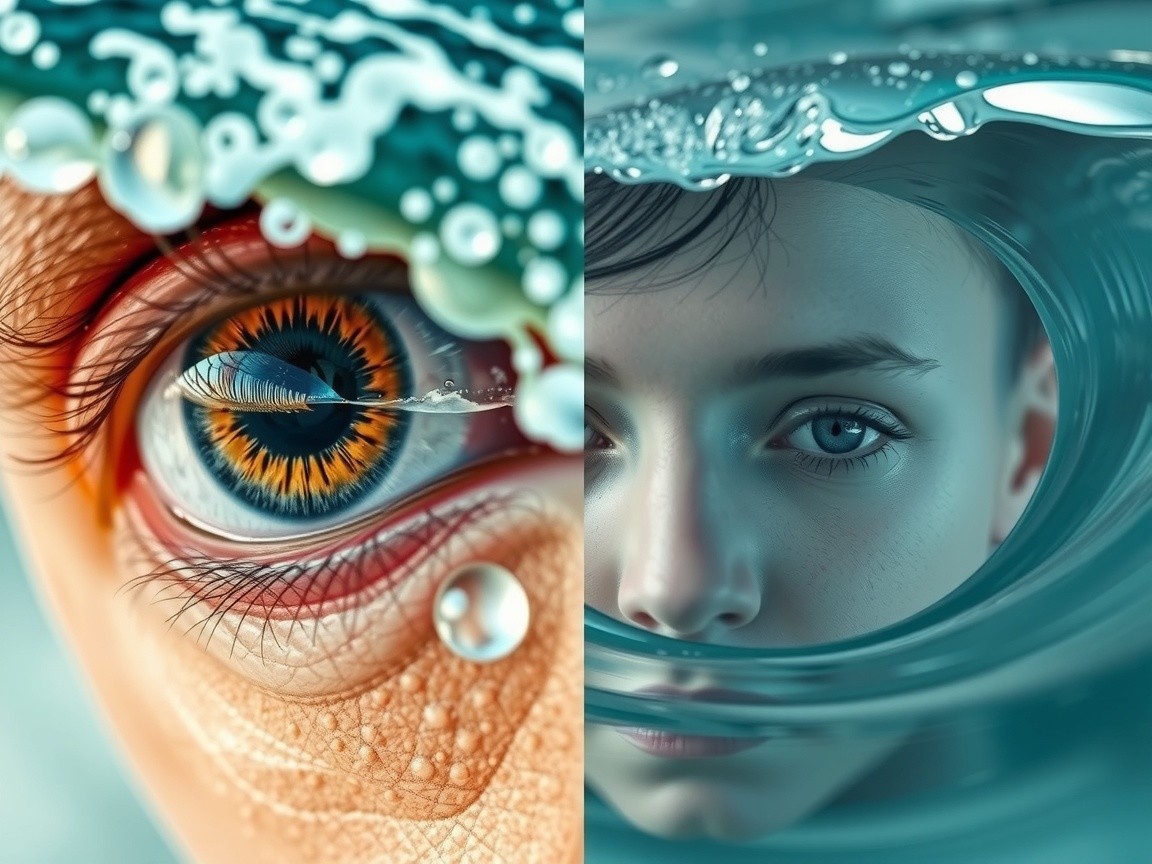 Close-up of a human eye with water patterns and fish