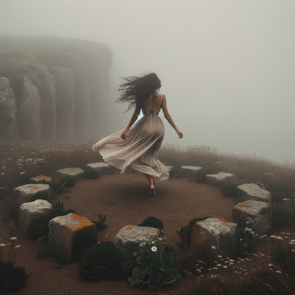 Woman in Ethereal Dress Twirling on Misty Cliff