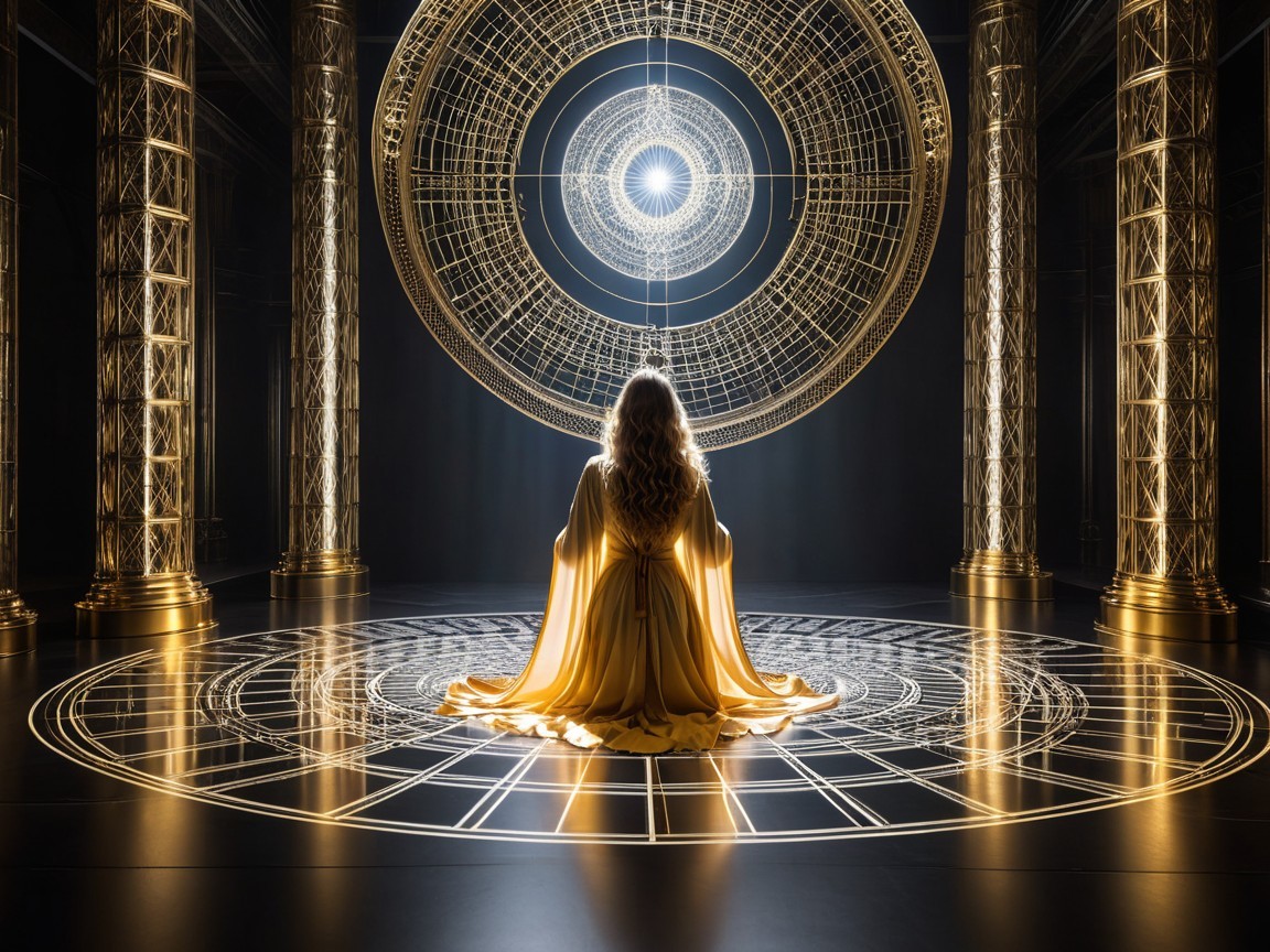 Meditative Figure in Ornate Space with Radiant Light