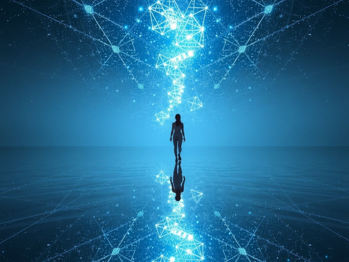 Solitary Figure in a Blue-Lit Geometric Landscape