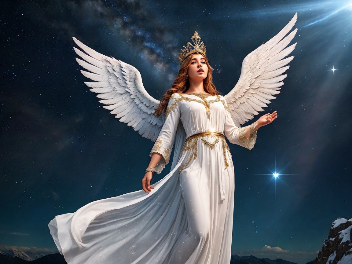 Celestial Figure in White Gown Beneath Starry Sky