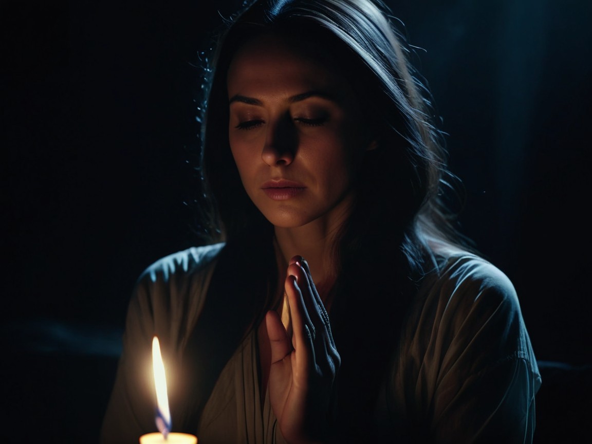 Woman in prayer with candlelight ambiance