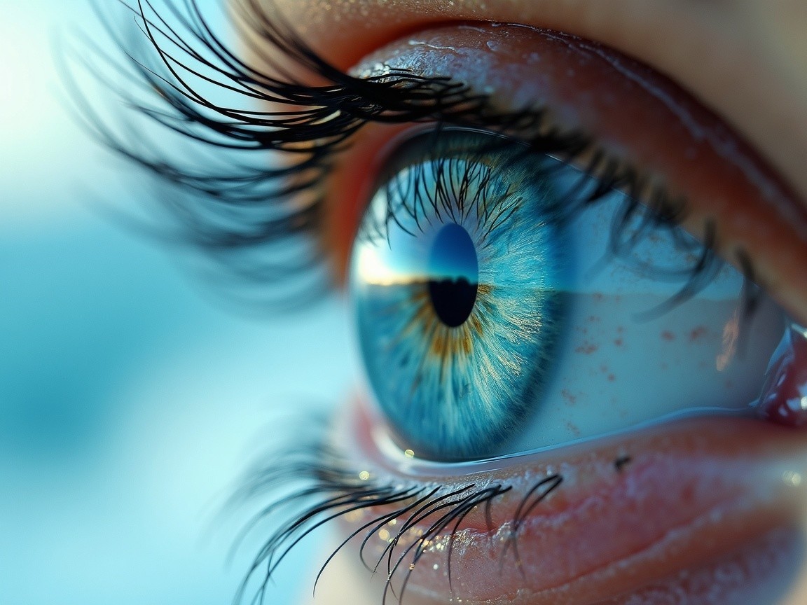Close-up of a blue eye with gold hues and reflection