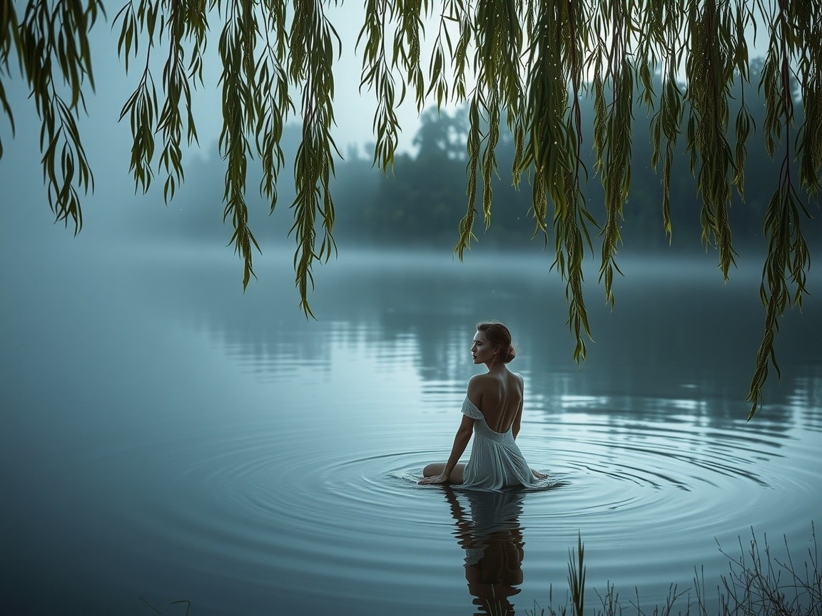 Serene Woman in White Dress by Misty Lake