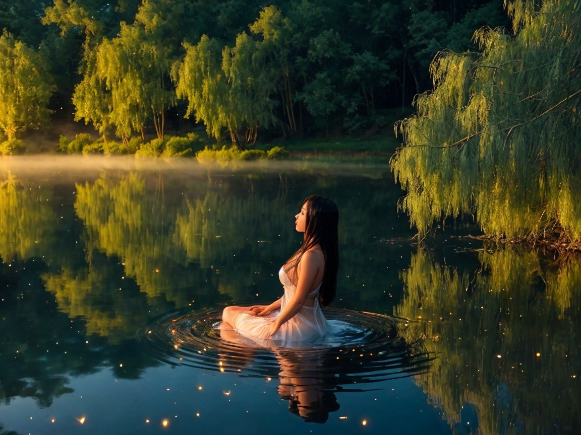 Woman in flowing dress sitting in serene lake at sunset