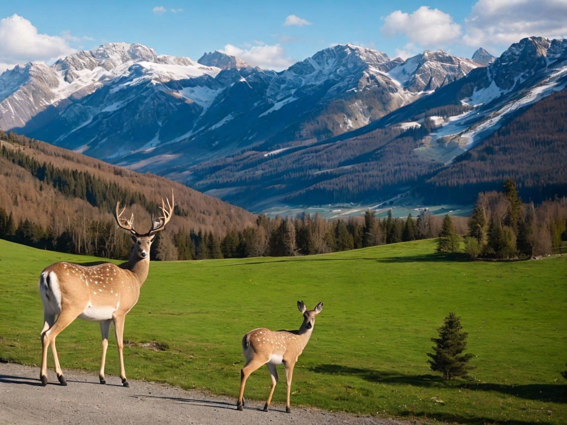 Deer in a Scenic Mountainous Landscape with Peaks