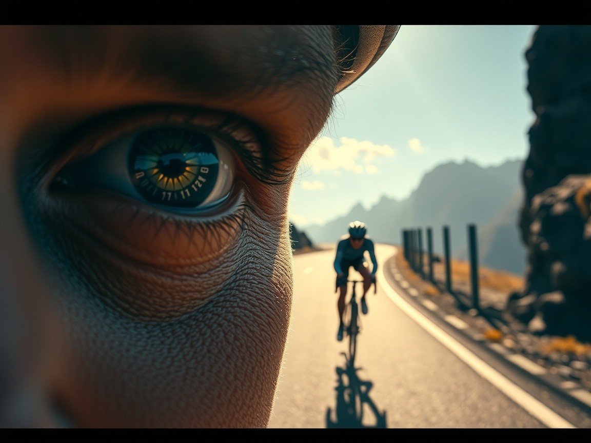Close-Up of Eye Reflecting Cyclist on Mountain Road