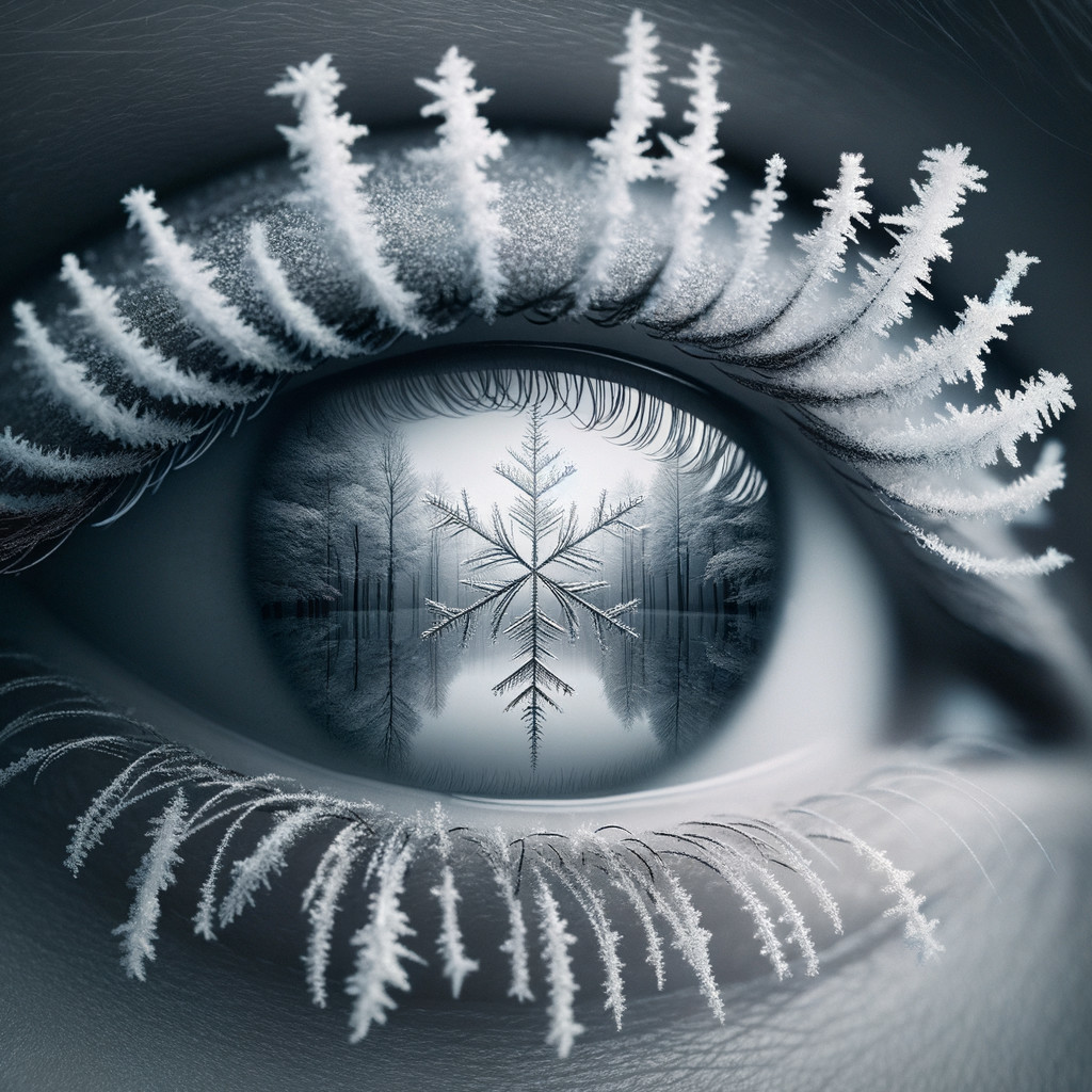 Close-Up of Eye with Frosted Eyelashes and Landscape