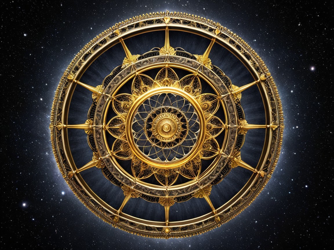Circular Design with Golden Patterns and Starry Background