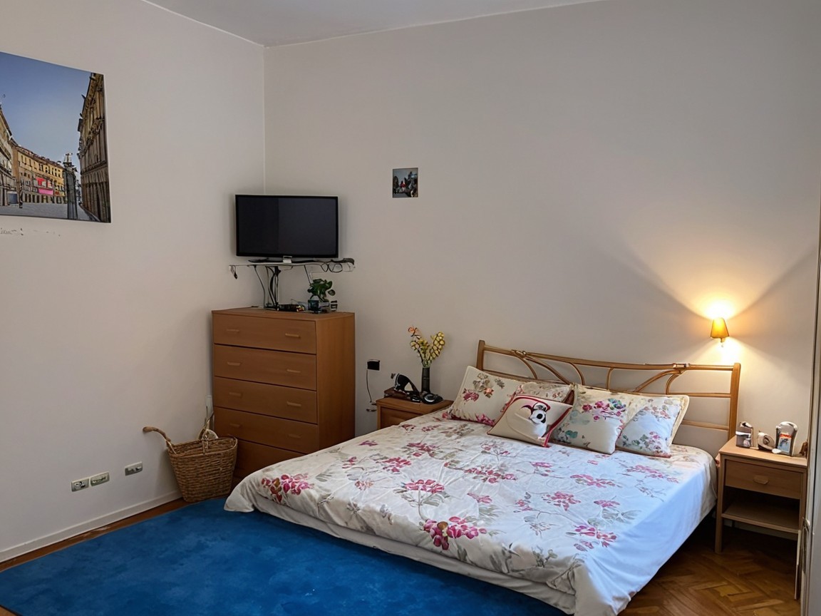 Cozy Bedroom with Floral Bedding and Warm Lighting