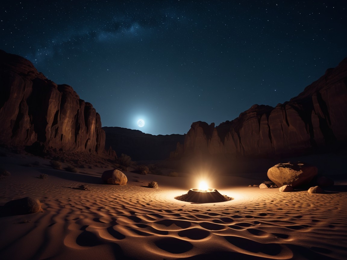 Serene Desert Scene with Campfire and Moonlit Dunes