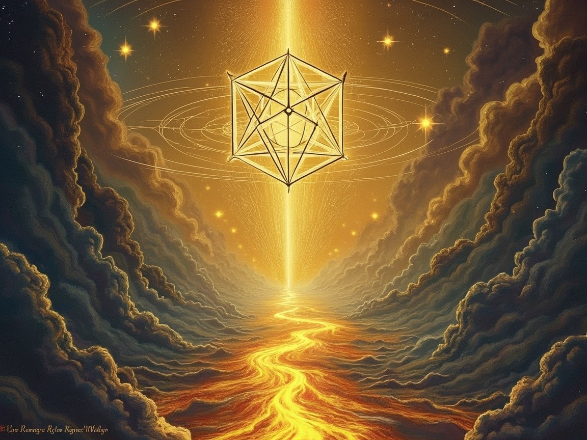 Geometric Structure Above Golden Stream and Clouds
