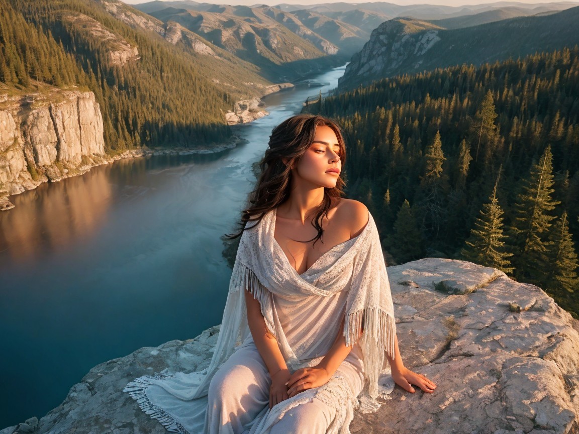 Serene Woman on Rocky Ledge in Scenic Landscape