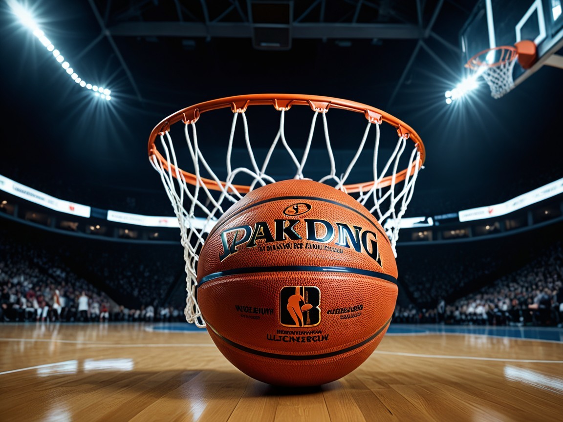 Close-Up of Basketball on Hardwood Floor in Arena