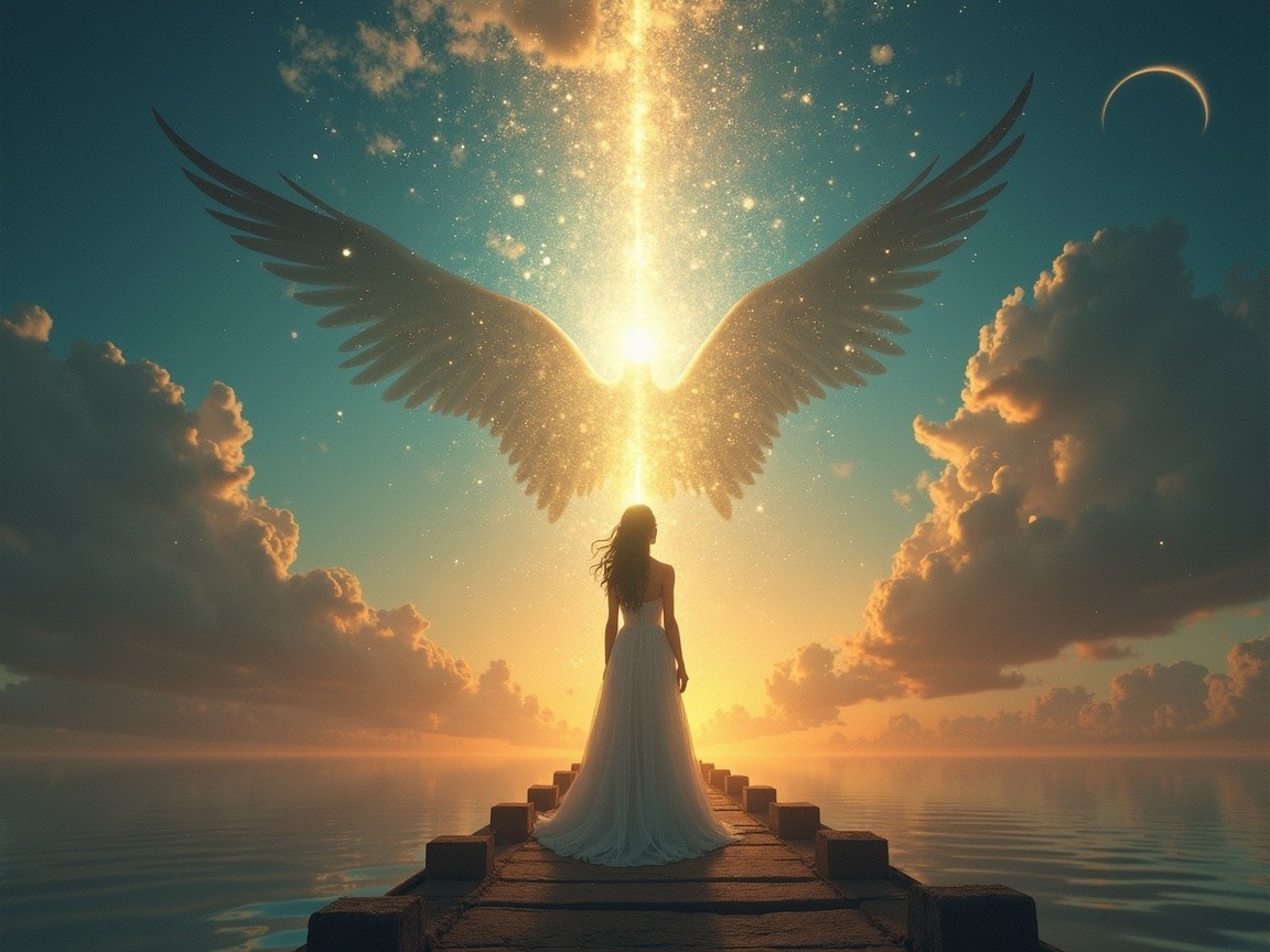 Serene Figure on Pier with Wings at Sunset