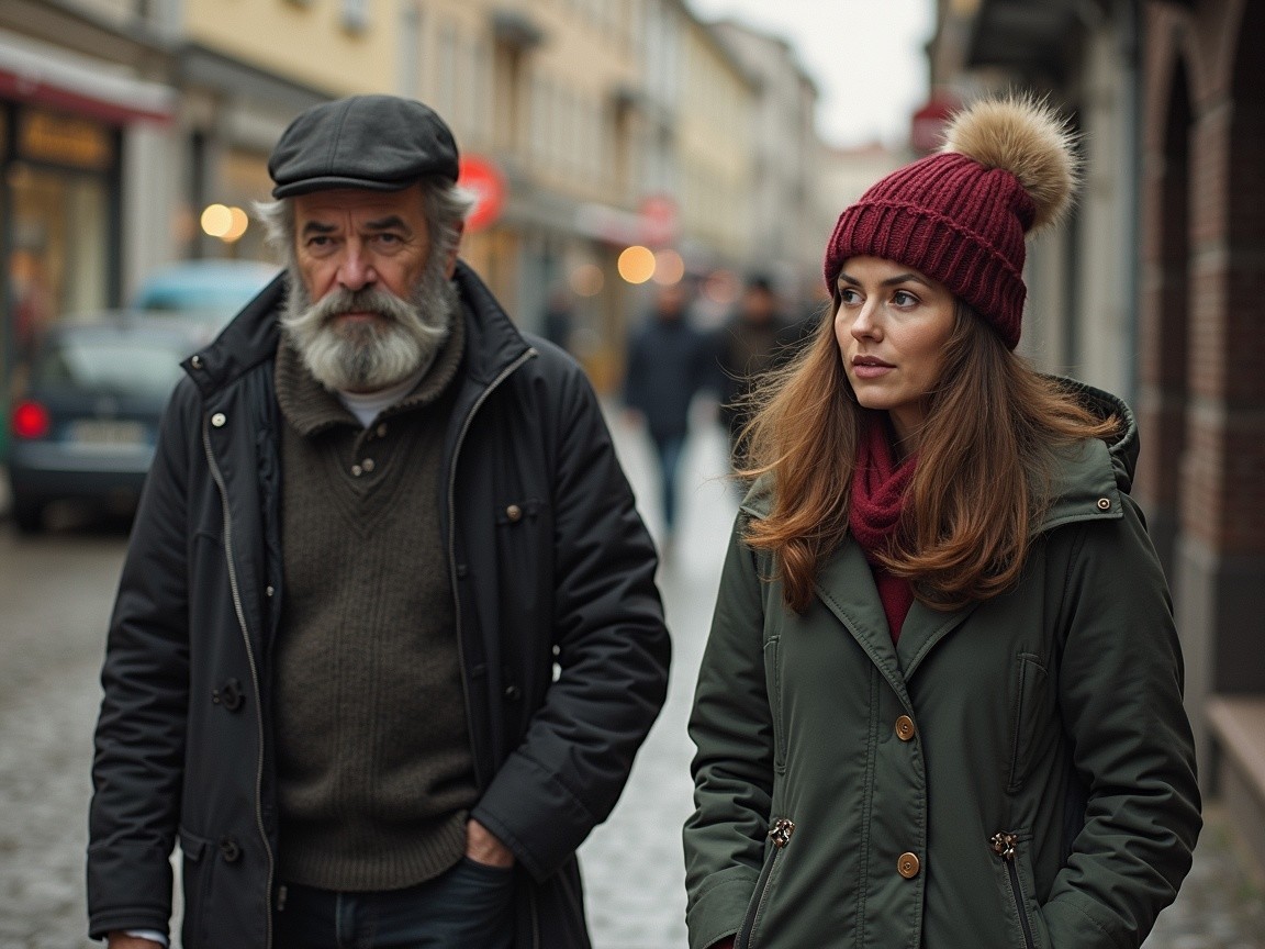 Couple Walking on Cobblestone Street in Chilly Weather
