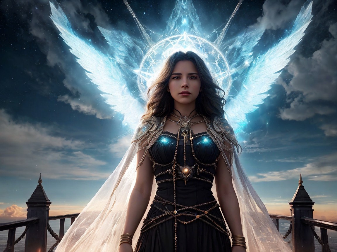Ethereal Figure in Black Gown with Glowing Wings