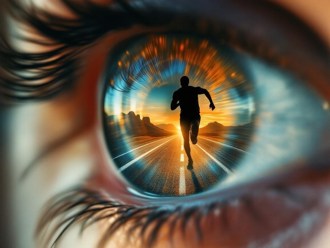 Close-up of an eye reflecting a runner at sunset