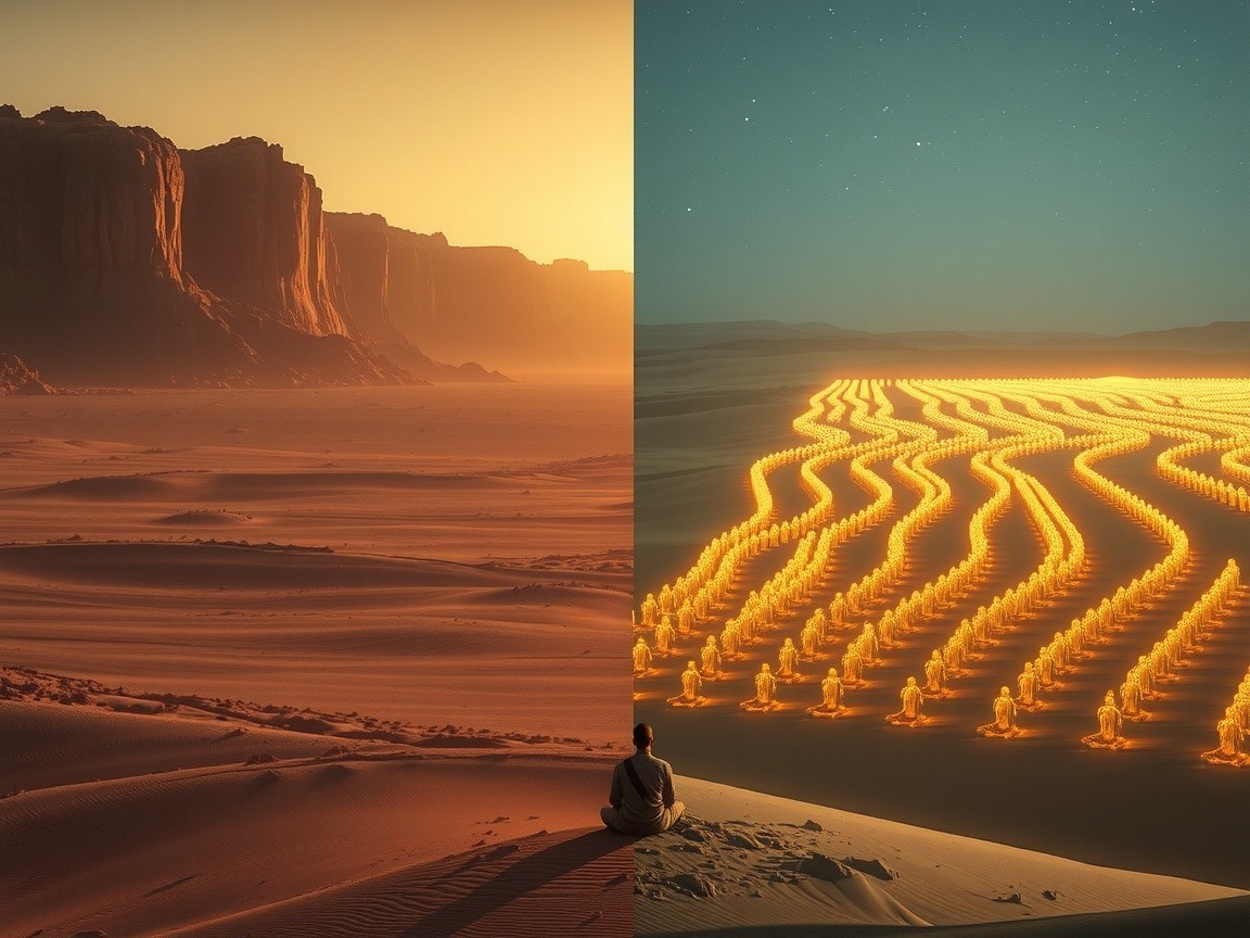 Contrasting Desert Landscapes at Sunset and Night