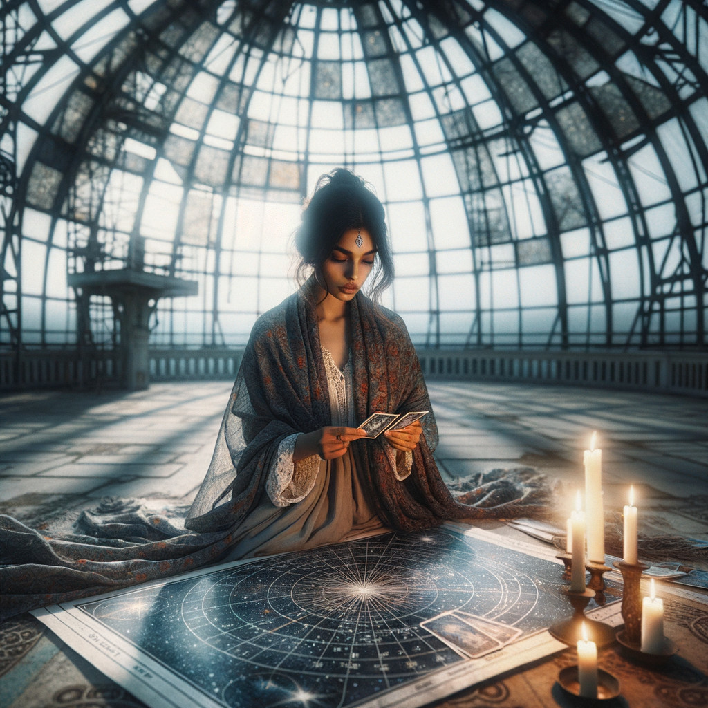 Woman in flowing garment gazes at tarot card in dome