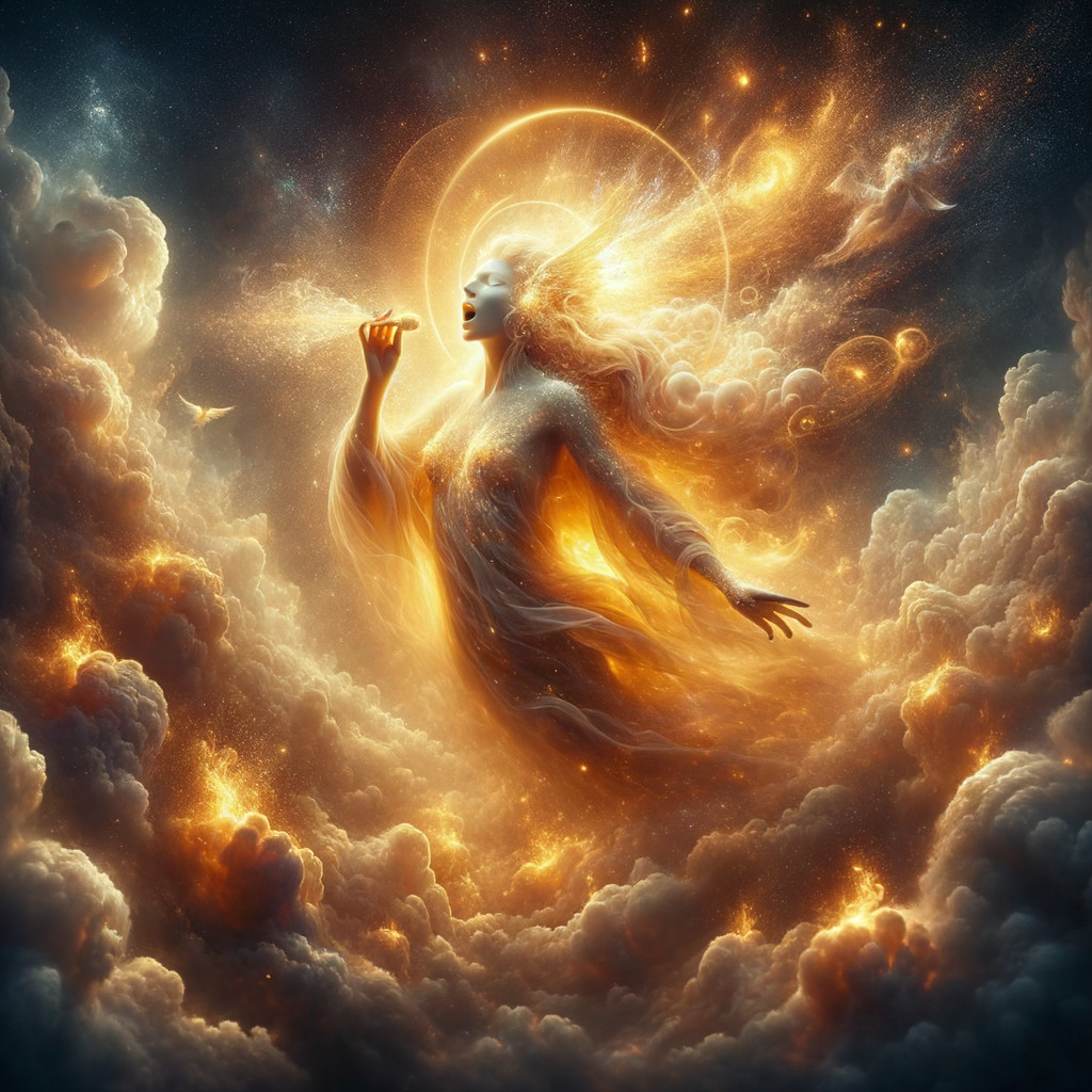 Celestial Figure in Ethereal Gown Surrounded by Light