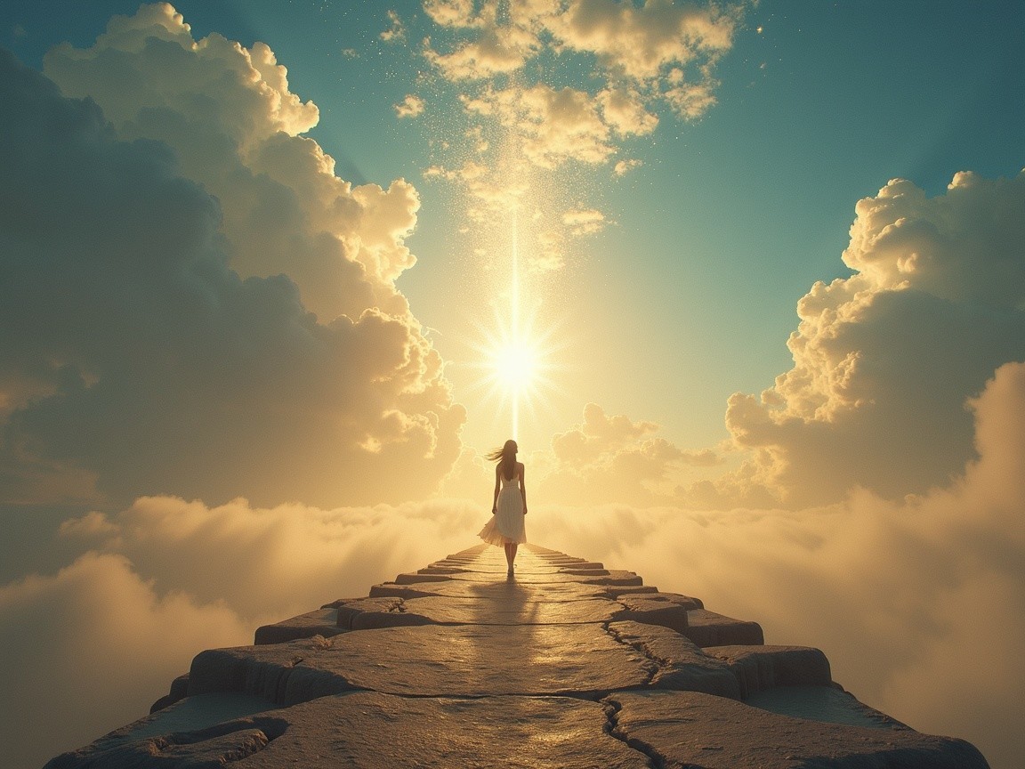 Stone Pathway Under Luminous Sky with Clouds