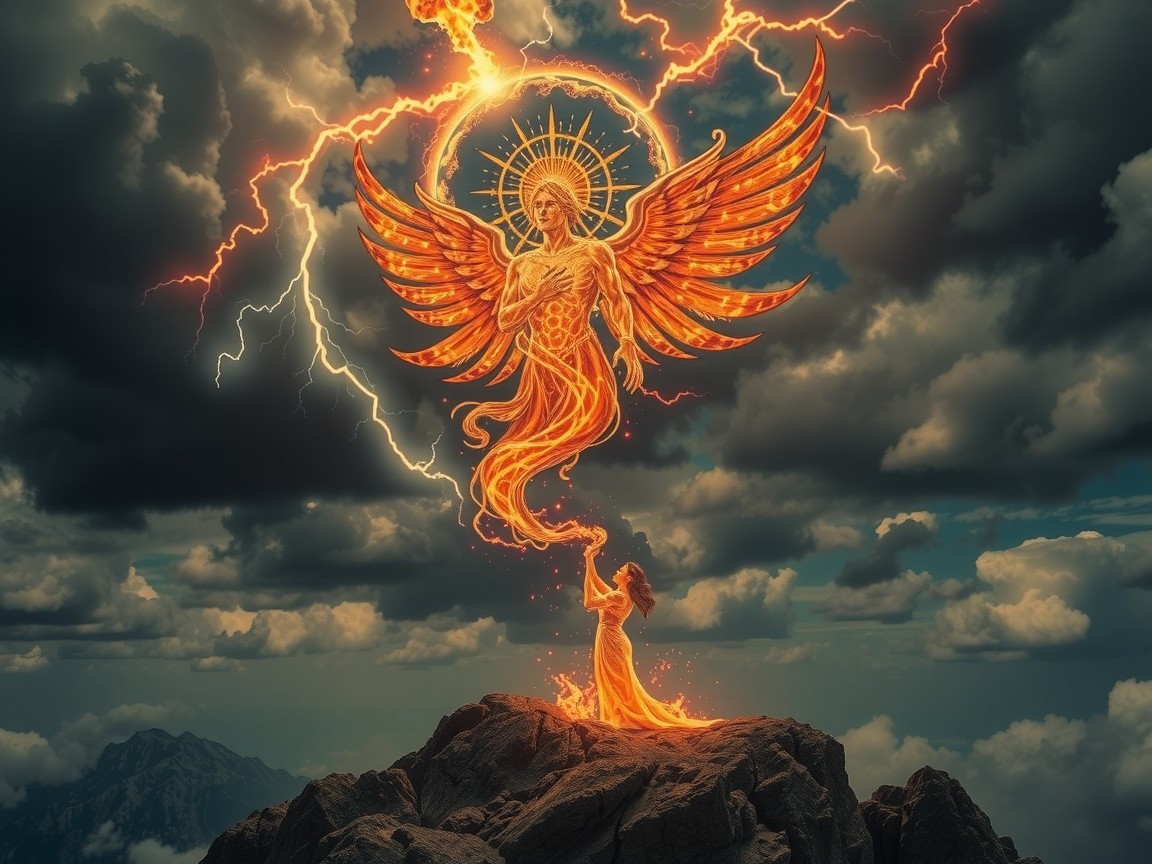 Radiant angel with fiery wings on rocky peak