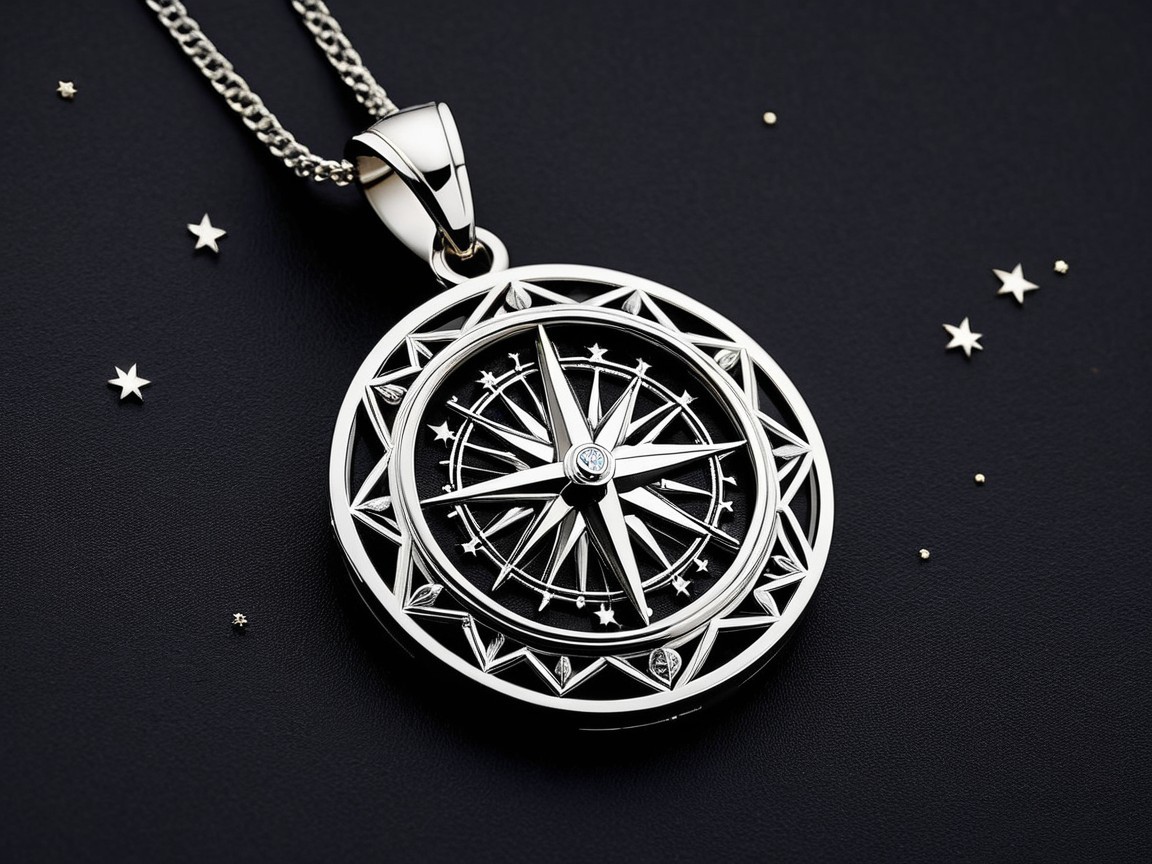 Silver Compass Pendant with Star and Geometric Designs