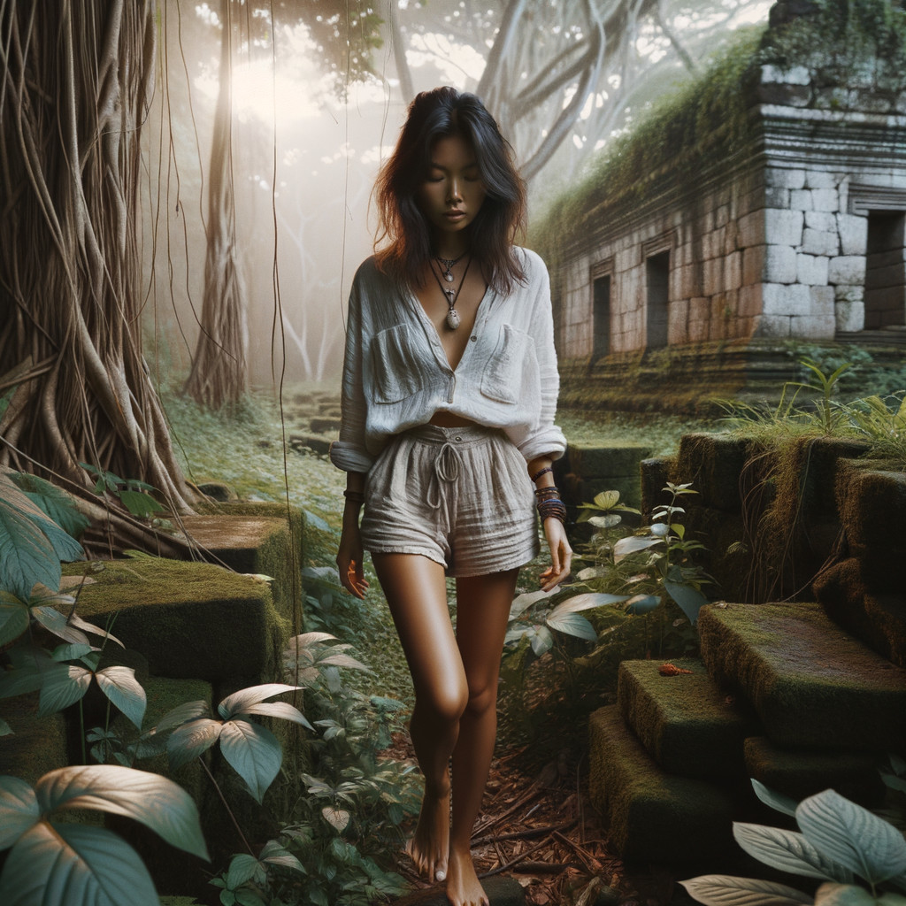 Mysterious Figure in Lush Jungle with Ancient Ruins