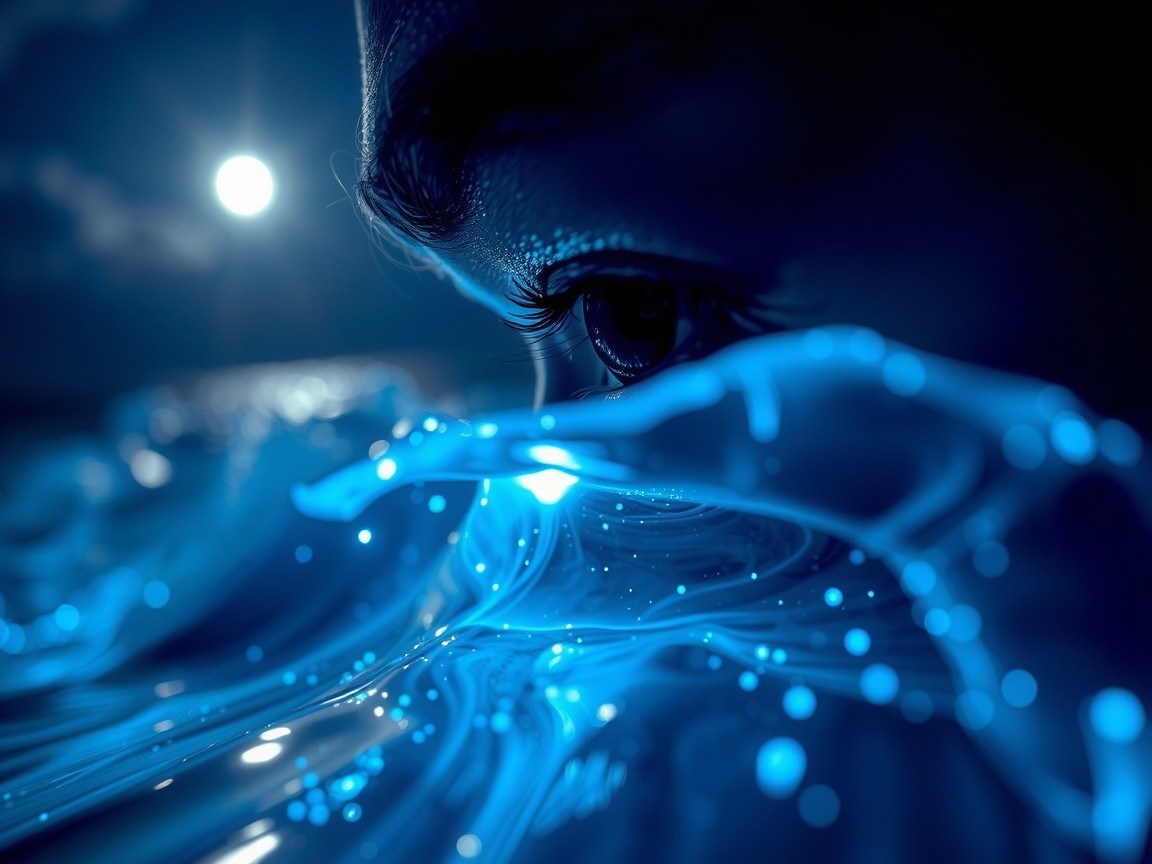 Close-up of an eye in glowing blue water scene
