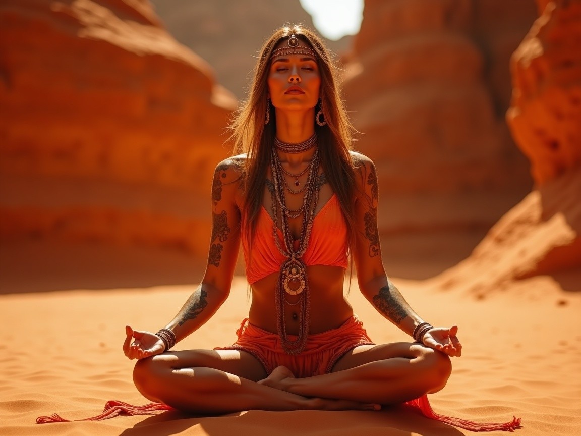 Serene Woman in Desert with Red Rock Formations