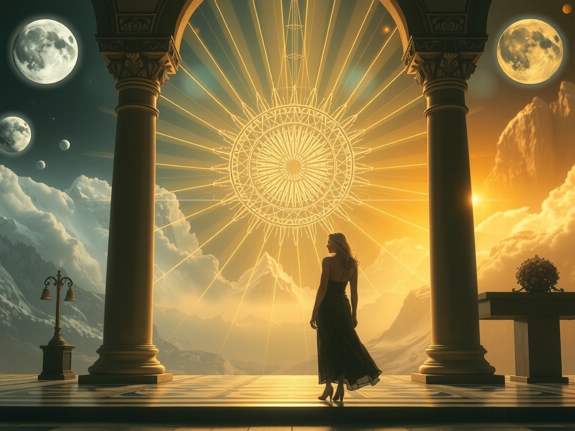 Silhouetted Figure in Ethereal Landscape Archway