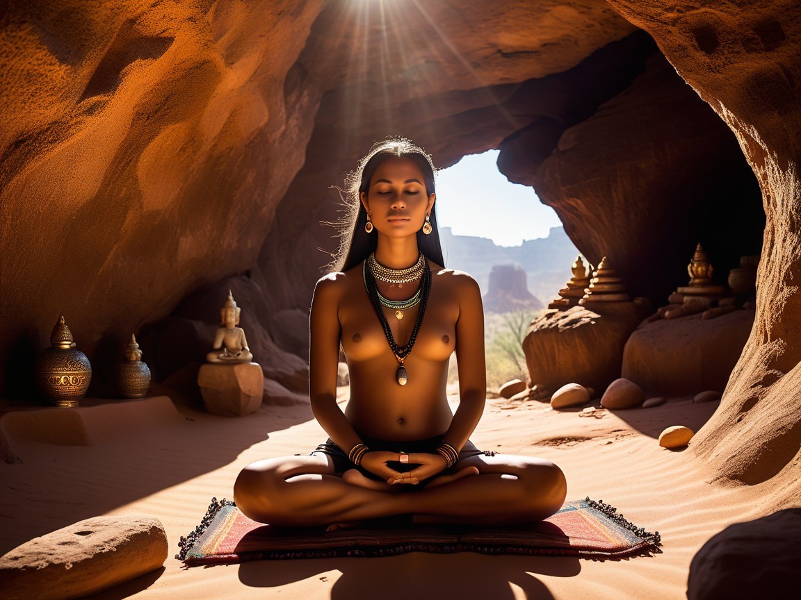 Meditative Figure in Sunlit Cave with Colorful Mat