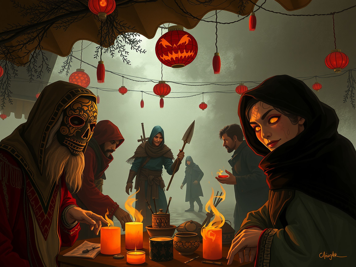 Foggy market scene with cloaked figures and lanterns