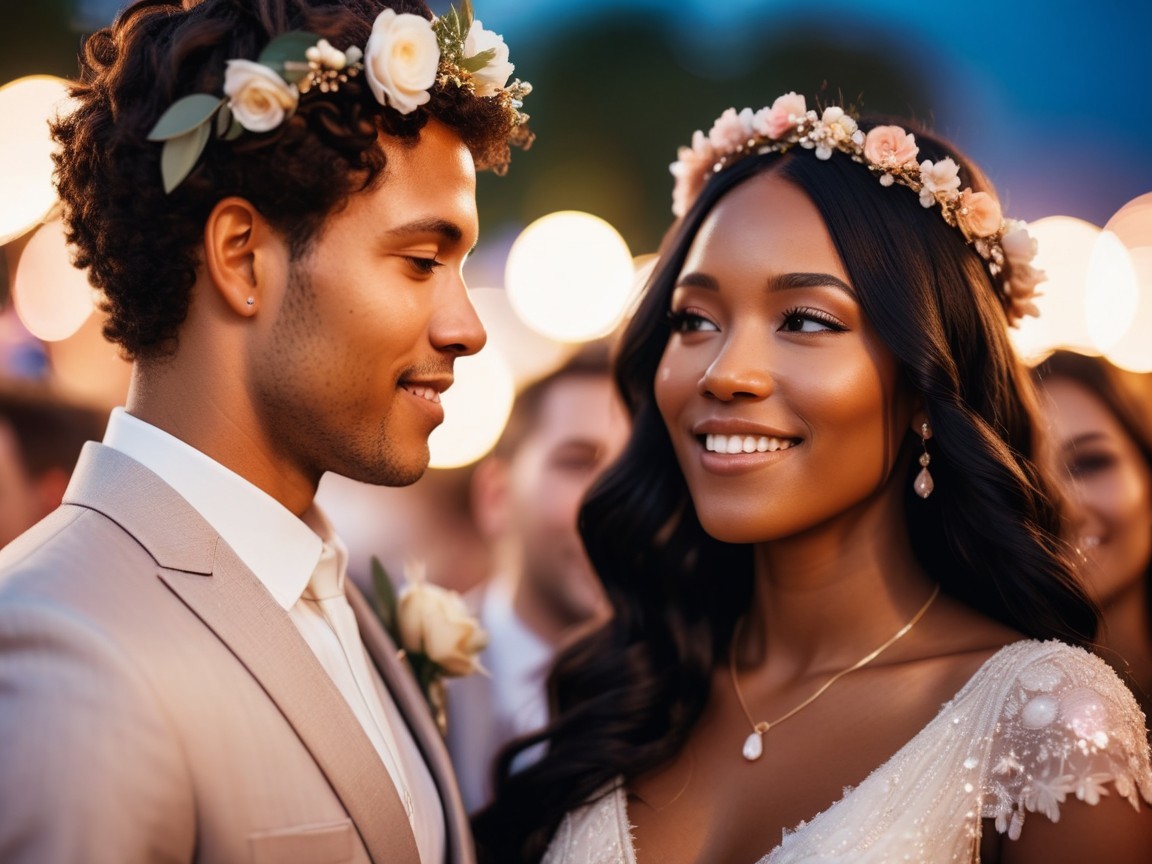 Romantic Couple in Light Suit and Bridal Gown