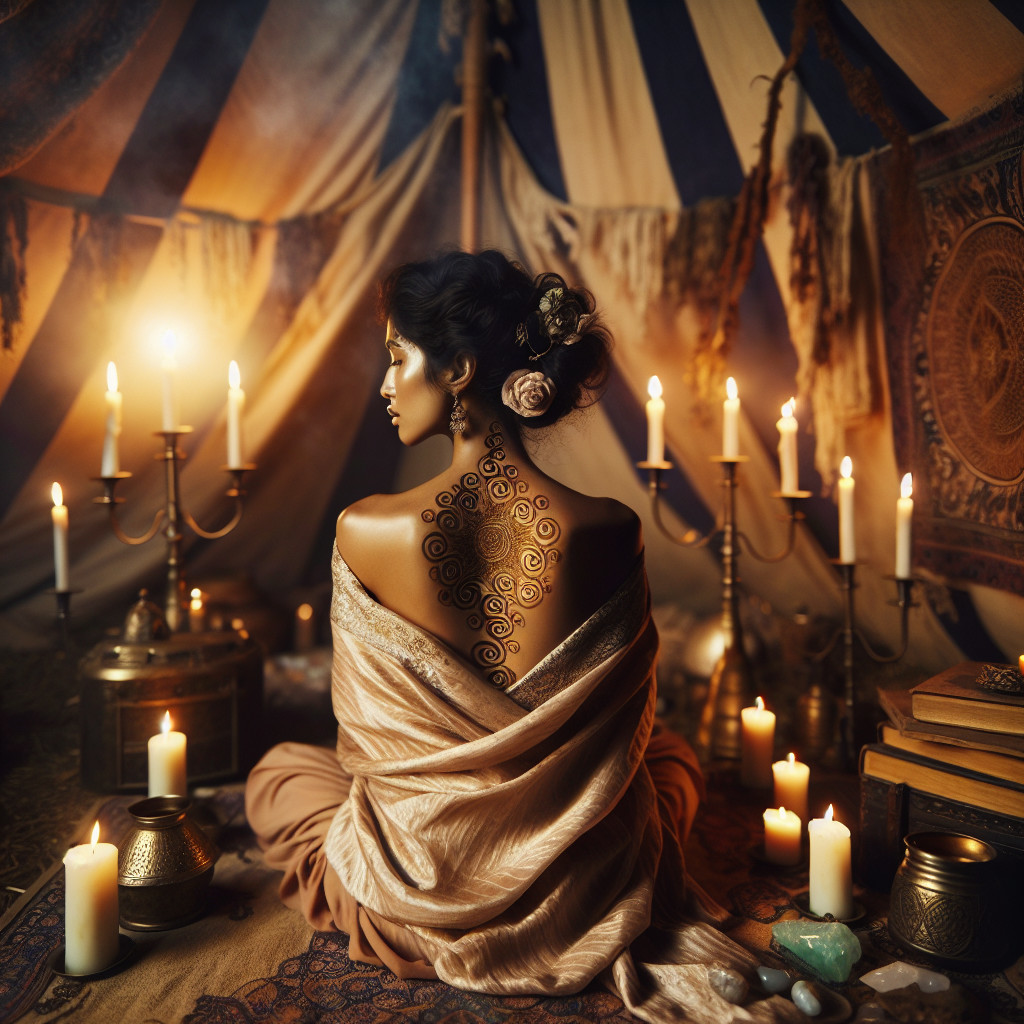 Woman in Tent Surrounded by Candles and Artifacts