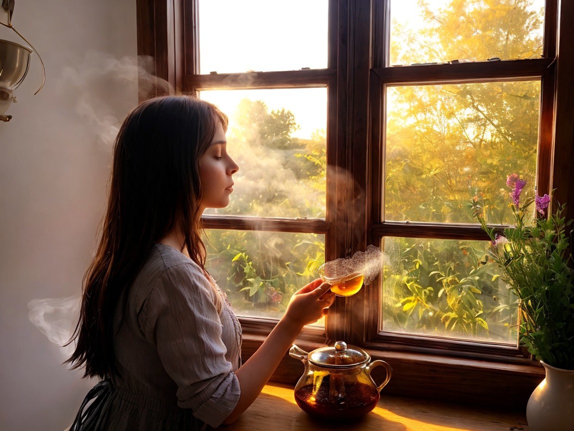 Young Woman in Sunlit Window with Tea and Greenery