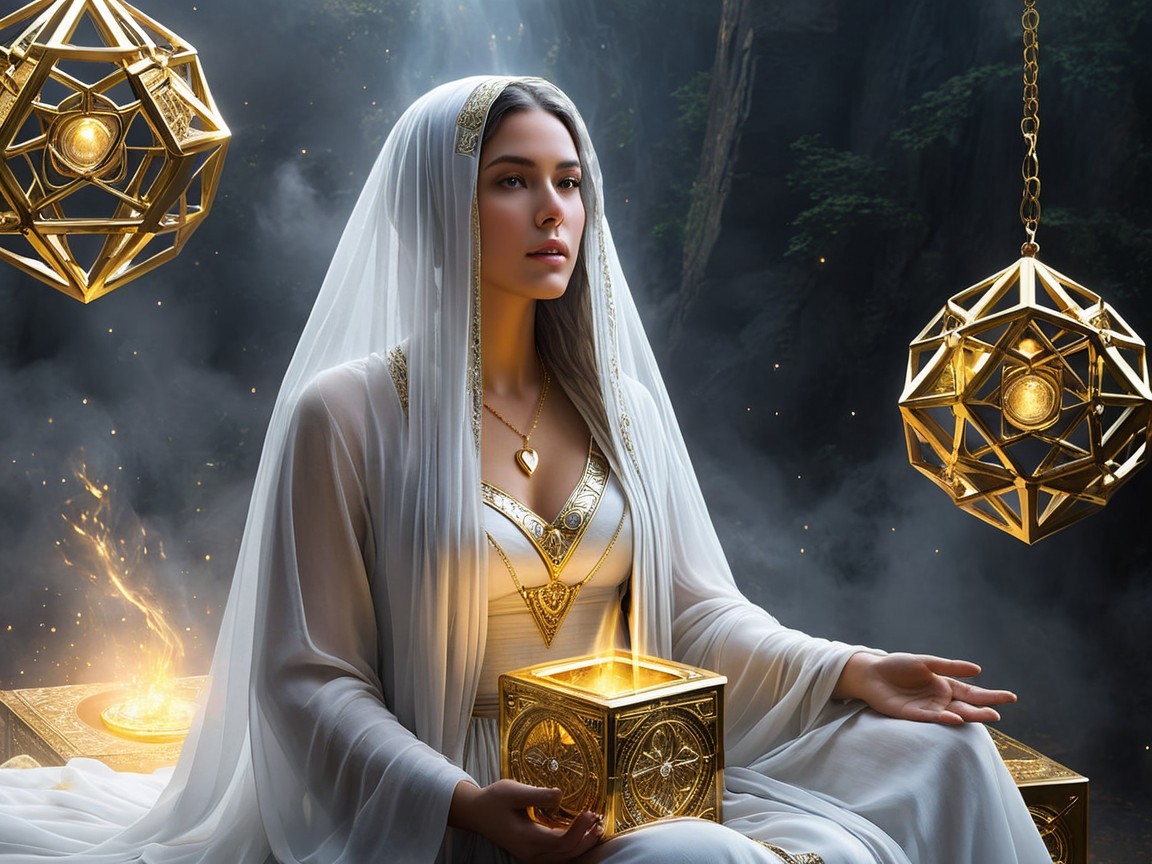 Serene Woman in White Gown in Mystical Forest Setting