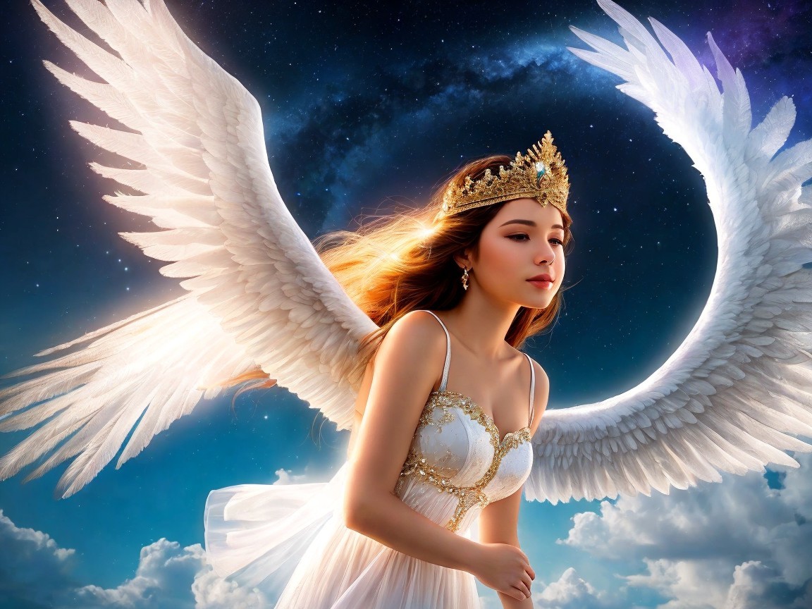 Angelic Figure with Ethereal Wings in Celestial Sky