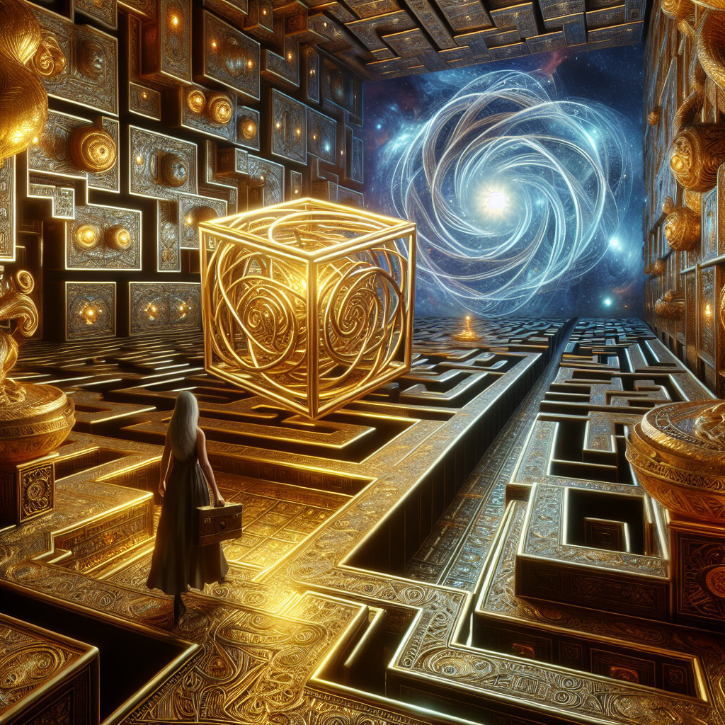 Lone Figure in Cloak Before Luminous Engraved Cube