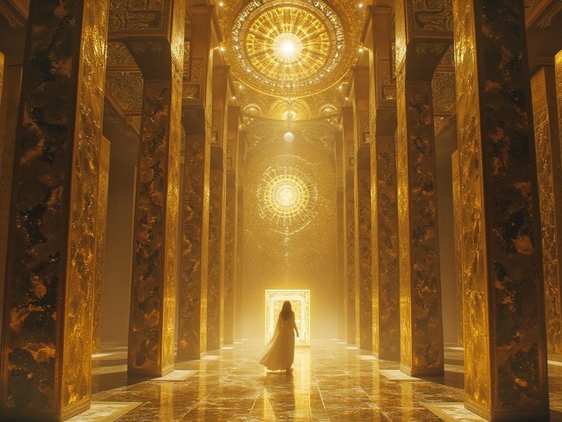 Grand Hall with Golden Light and Ornate Pillars